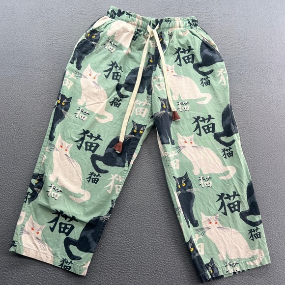 Kidoriman Other - Kidoriman Pajama Pants Lounge Womens Sz M Green Cats Japanese Kanji Drawstring